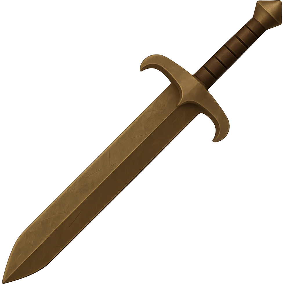 Make the greatsword blade straight and perfectly aligned with the handle, keep the metallic bronze look with visible wear and scratches, no gems. The style should resemble emoji style with a transparent background. emoji
