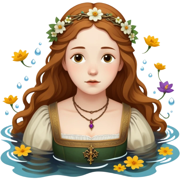 Ophelia from Hamlet floating in water surrounded by flowers, with a tragic expression, wearing a medieval dress, based on Millais painting and Shakespeare's character emoji