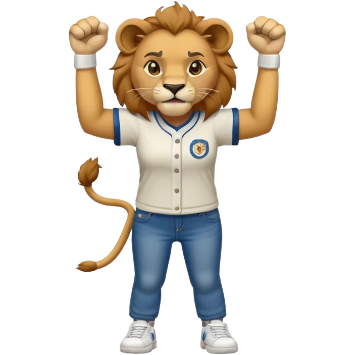 friendly anthropomorphised female lion wearing baseball shirt, jeans, trainers, standing upright with one fist raised, angry expression, no sunglasses emoji