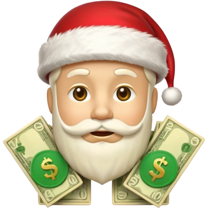A confident rich emoji face wearing a Santa hat, money stacks, casino vibe, New Year theme, premium 3D emoji style, sharp details, no text, isolated on transparent background emoji