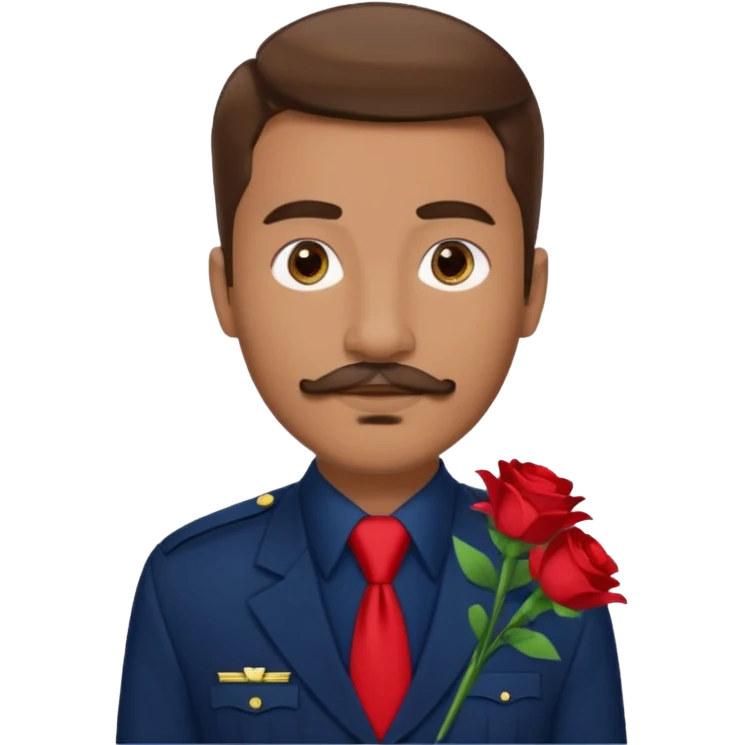 Homme avec bouquet fleurs blanches, avec uniforme bleu foncé cravate rouge, arabe raie sur le coté, brun un peu bronzé et yeux marrons 23 ans bouc moustache sans fleurs sur le costume  emoji