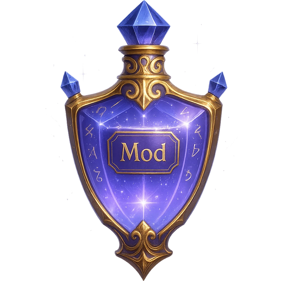 Extremely luxurious crystal elixir bottle in shield shape, color #7986cb, with inscription 'Mod', enhanced glow, edges, ornaments, golden details, subtle magical effects, unique shape accents like additional crystals, light streams, magical symbols. Transparent background, beautiful seamless bottom, bottle clearly floating in air without base or shadow, premium class, modern, fits collection. emoji