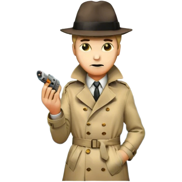 Vintage detective movie poster-style emoji. A classic noir scene with a detective in a trench coat and fedora,crime scene tape, and a smoking gun. A shadowy cityscape in the background with dim streetlights and fog. Dramatic lighting and a retro cinematic feel. Transparent background. emoji