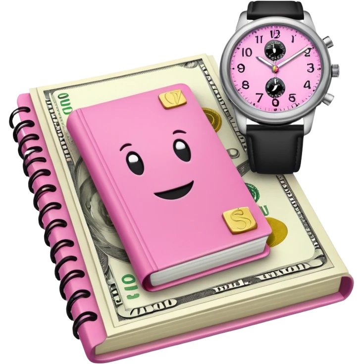 Libreta, reloj y un dolar rosa emoji