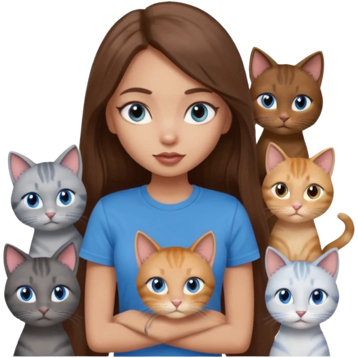 a pretty bratz dusky light skin girl with long brown hair, blue eyes with six cats nd wearing a grey tshirt emoji
