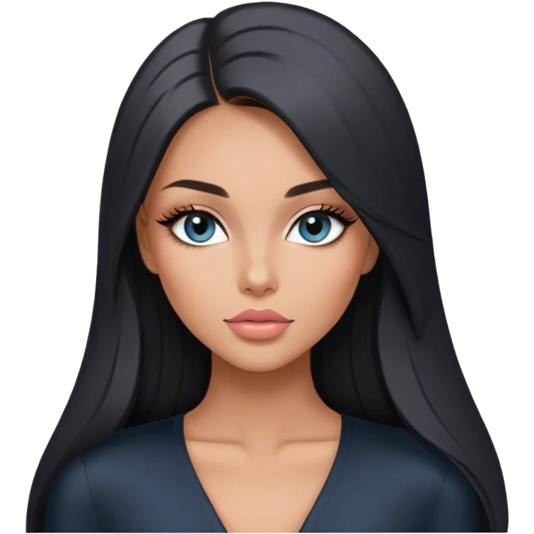 Glamours, tanned, very beautiful girl, with big pump peach-beige-rose lips, long long lashes, black straight smooth silky long hair, straight parting hair, blue-grey eyes in black long-sleeves v-neck bodysuit emoji