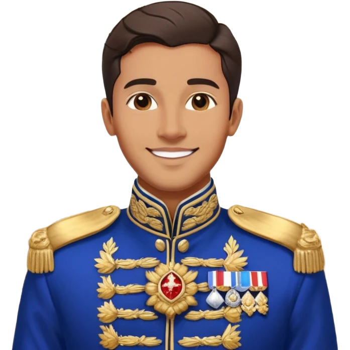 a handsome man in an ornate royal blue and gold military jacket, aristocratic, smiling, luxurious palace interior, detailed, sharp focus, high resolution, 8k, hyperrealistic, cinematic lighting, dramatic shadows emoji