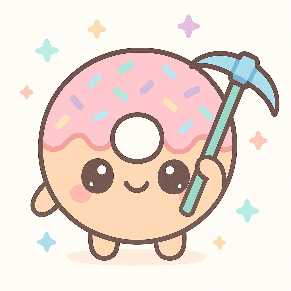 kawaii-style donut character with big eyes and a smile, holding a pickaxe, for DonutSMP emoji