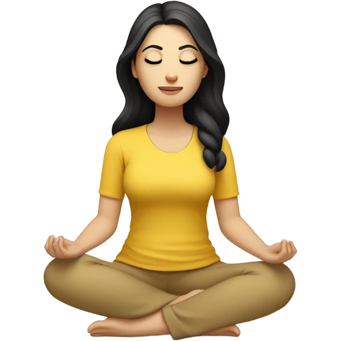 White girl with black hair meditating in yellow top and beige leggings emoji