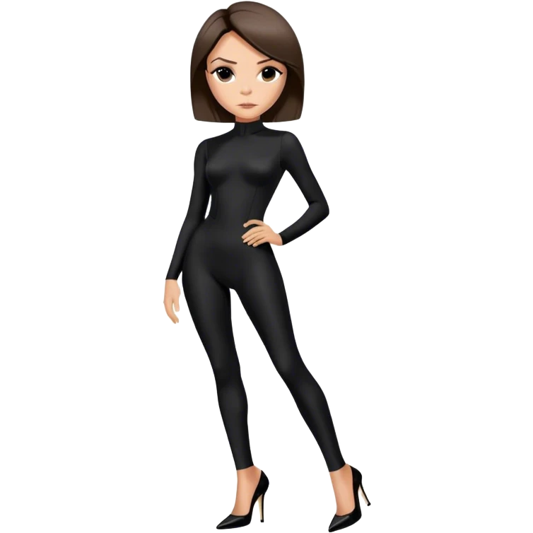Victoria Beckham with light skin, short dark brown bob, black catsuit wearing black heels emoji