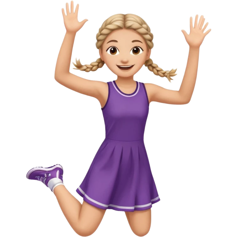 A braid hair girl in a jersey dress, waving both arms in pure joy jumping emoji