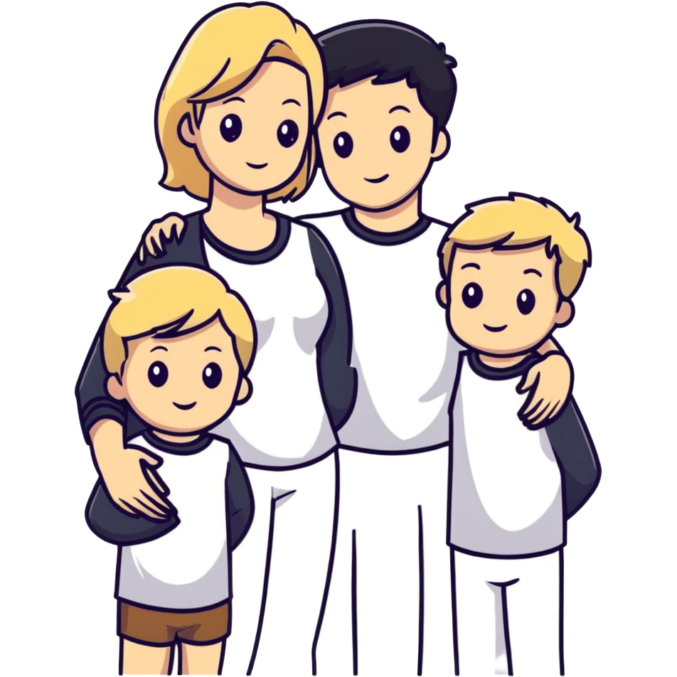 family with blond dad, brunette mom, blonde son, daughter with black hair, and a baby emoji