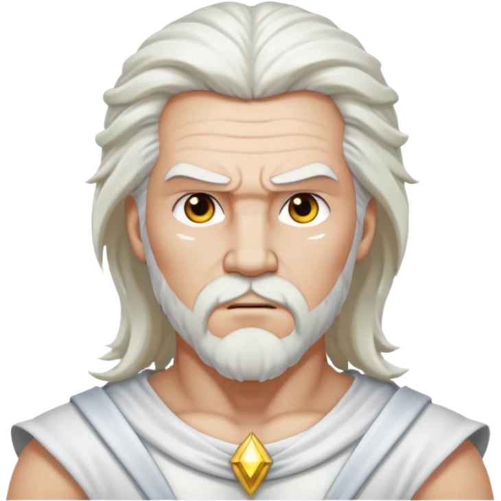 Zeus, whole body, white clothes, long white  hair, lightnings, determined face emoji