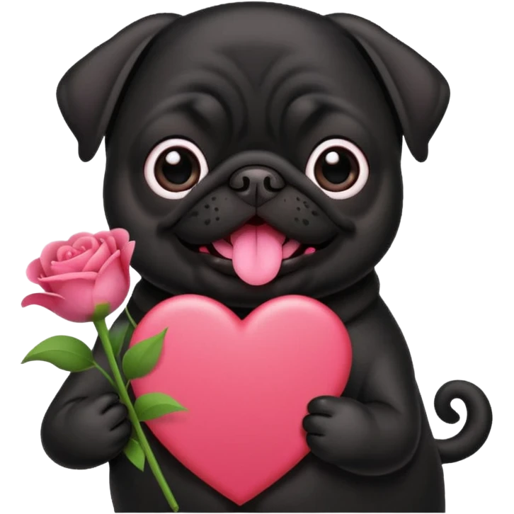 black pug holding valentine’s day card and flowers emoji