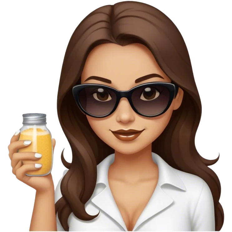 sassy woman with long brown hair and dark sunglasses holding a salt shaker and sprinkling the salt. She is smirking.  emoji