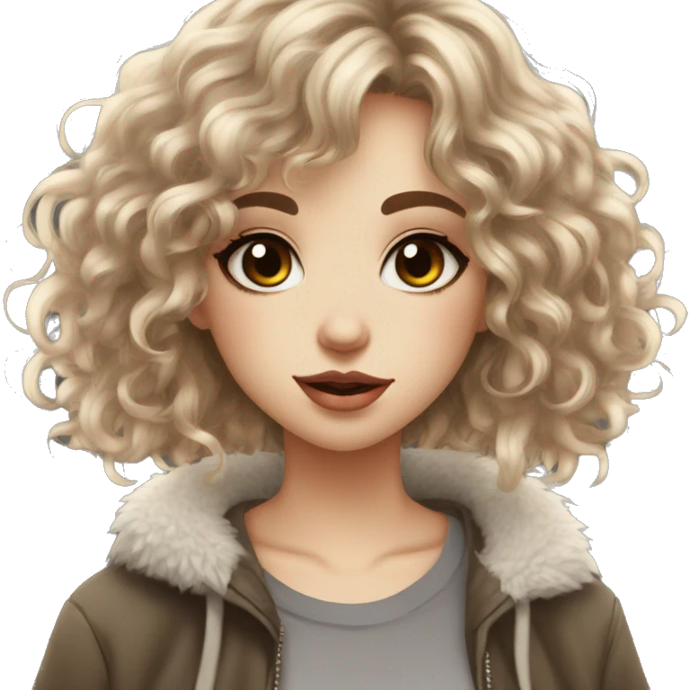 girl pretty, pale medium length curly hair dark brunette with hair layers, bangs, big hazel eyes, big lips, small nose, nose nostril piercing, three ear piercings emoji