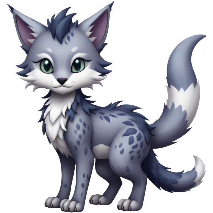 Kawaii dark edgy gloomy dusky dull-colored fantasy ethereal feline-vernid-sergal-fursona animal creature with a tufted tail full body with intricate markings  emoji