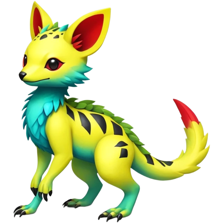 Rare realistic exotic edgy tropical cute yellow, with neon-green, neon-red, and neon-cyan markings epic pretty beautiful handsome gorgeous aesthetic colorful vibrant Vernid-Trico-species-Fakemon-creature by LiLaiRa, 4 legs, 1 tail, random markings, (full body) emoji