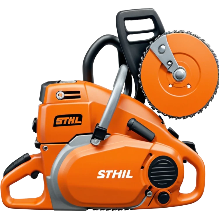Kettensäge vom STIHL mit grauem Gehäuse, orangenem Deckel und schwarzen Griffen, die Schiene ist Grau, nicht Orange, mit Kette in Grau, seitlich ist das STIHL Logo in weißer Schrift in einem orangenem Kreis platziert emoji