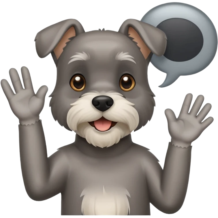 Happy Schnauzer waving hello. A speech bubble with HELLO emoji