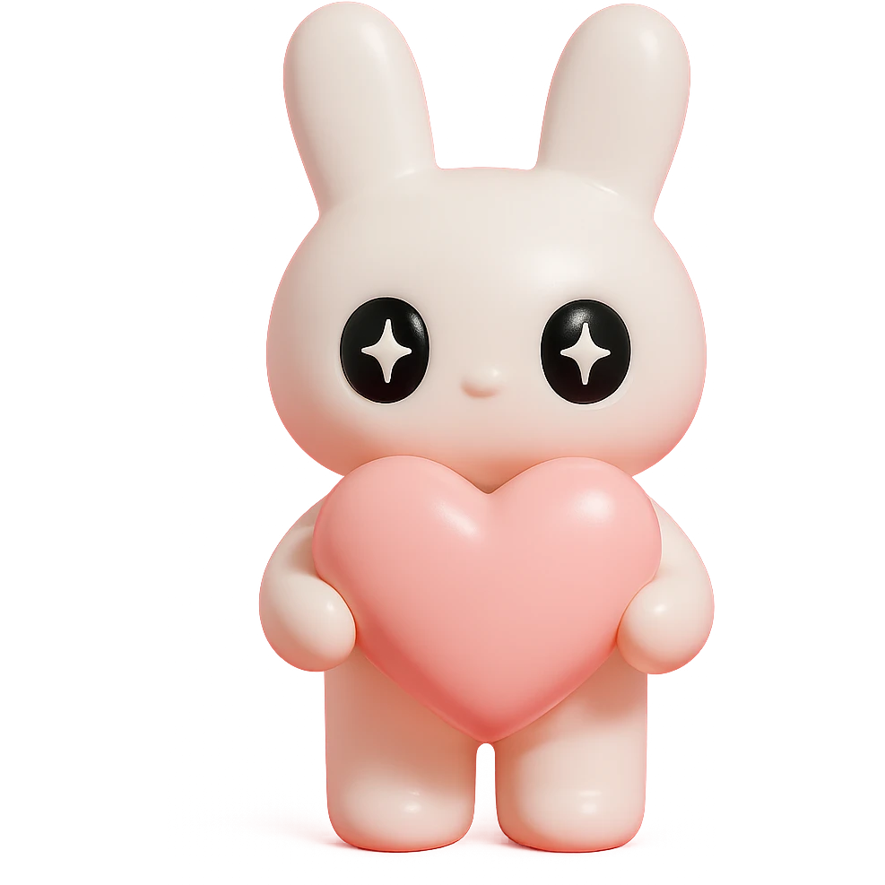 white bunny holding a big heart with sparkling eyes, vinyl figure style emoji