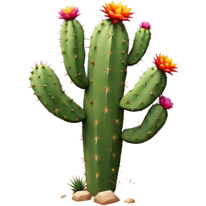 Cinematic Realistic Cactus Emoji, Tall and spiny, with thick, rounded stems covered in sharp spines. Bright flowers bloom at the tips of some branches, adding a pop of color against the desert backdrop. Soft glowing outline, capturing the essence of strength, survival, and desert beauty in a striking cactus! emoji