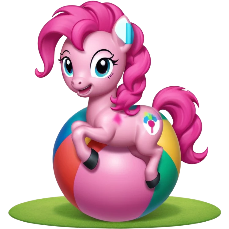 Pinkie Pie pony from My Little Pony happily bouncing on a big colorful ball, cartoon style, bright colors, cheerful expression, background with green meadow or playground emoji