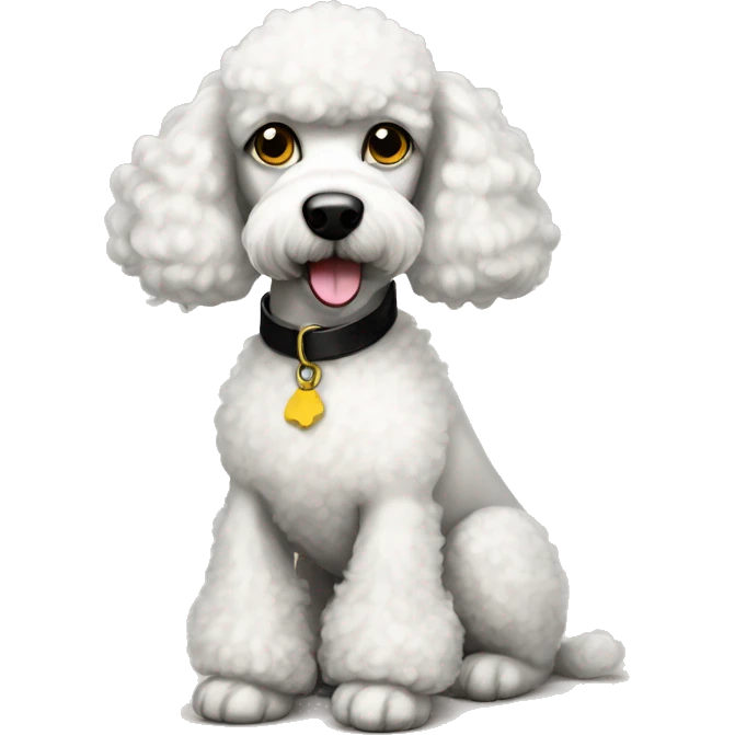 white poodle with black splotches and brown eyes, yellow collar emoji