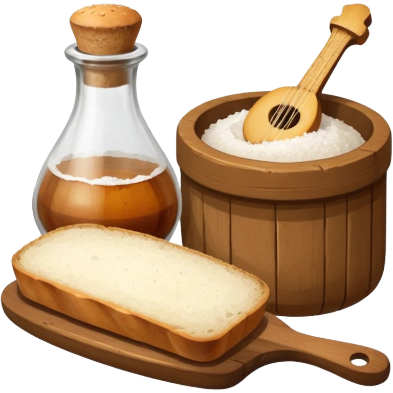 a bottle of salt (salt shaker) and a loaf of peasant bread with a small mandolin - still life composition emoji