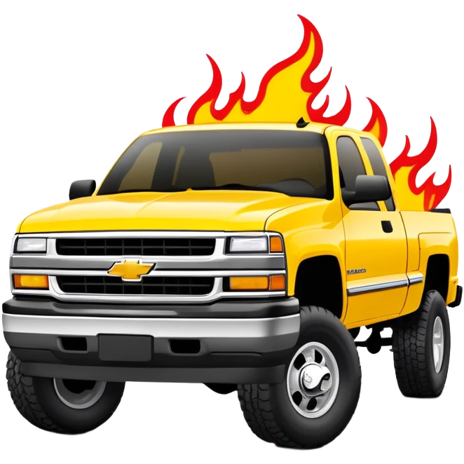 1997 Chevrolet Silverado C-2500 in bright yellow with screen-accurate red flame decal printed on the hood, faithful to Kill Bill movie design, 30-degree angle, iOS emoji style emoji