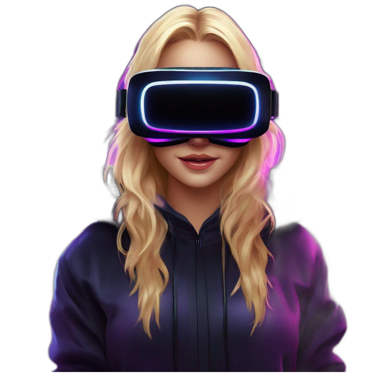 Russian blondy girl celebrating her birthday wearing a black hoodie and VR headset in a cyberpunk VR environment with violet neon lighting emoji
