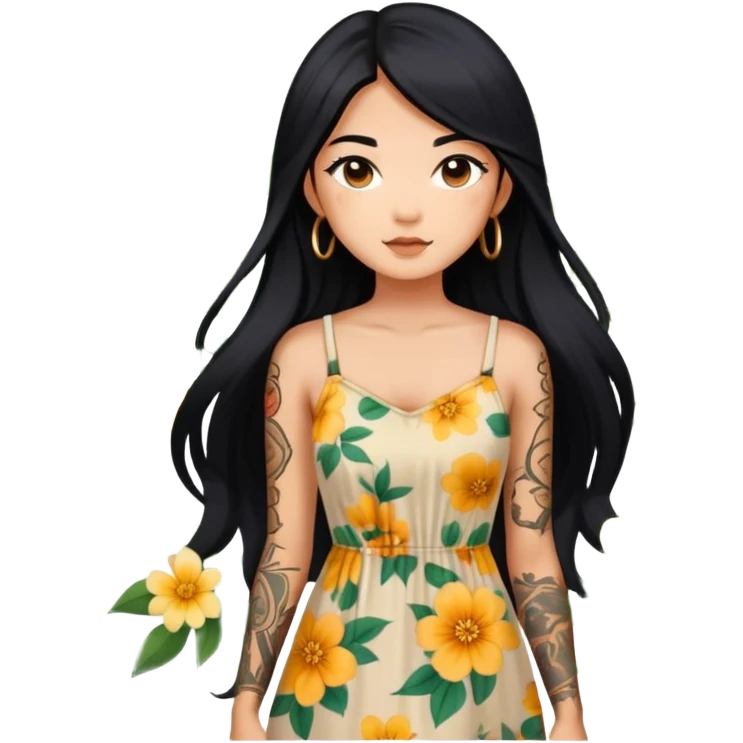 Beautiful Asian girl with long black hair and body tattoos wearing a floral sundress emoji