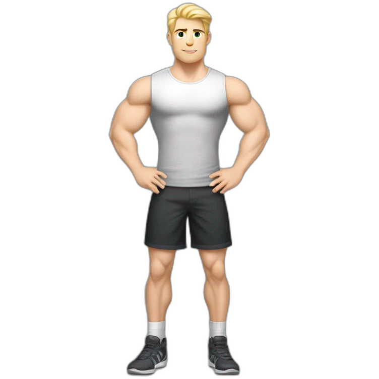 Full height Pale skinned fit man With the biceps and blonde hair In dark gray sleeveless mike, black oversize sports shorts, watch and white sneakers. his arms crossed over his chest emoji