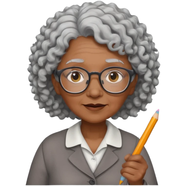 old woman teacher, brown skin, curly grey white hai, wearing glasses, hold chalk on hand emoji