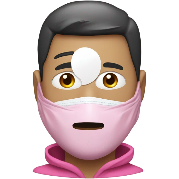Man in pink jacket hood up, identity hiding plastic mask with white circle in the middle  emoji