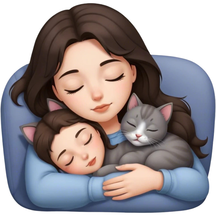 Grey kitty sleeping on brunette long hair girl's lap emoji