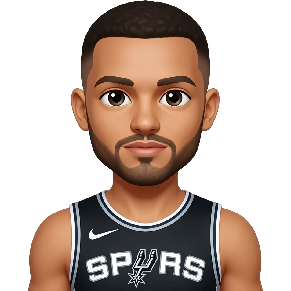 Victor Wembanyama avec un maillot des spurs de san Antonio, il est européen et a la peau blanche, il a une buzz cut sans dégrader il a un bouc et une moustache il a les yeux noir et la tête ovale emoji