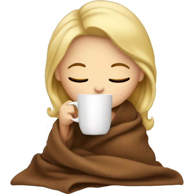 blonde girl sitting in a blanket sipping coffee with eyes closed emoji