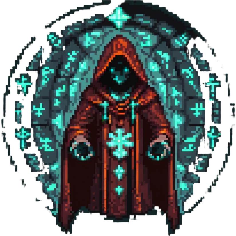 Add glowing magical runes floating around the hooded figure's hands in the pixel art style, keeping the transparent background. emoji