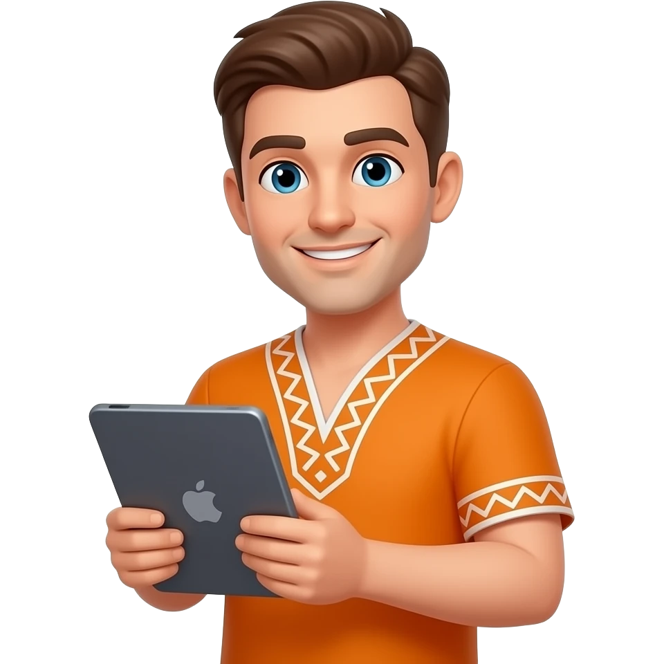 friendly and inspiring male forex trader mascot holding ipad, mid 20s, orange anarok emoji