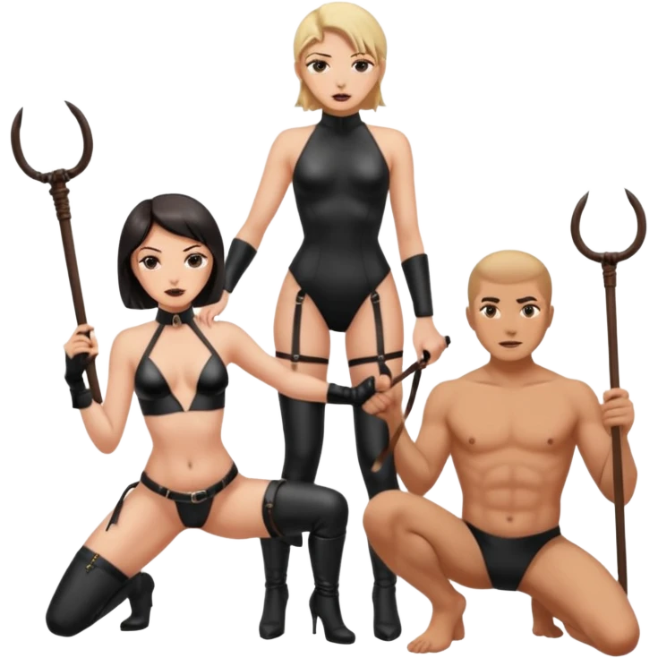 dominatrix whipping a kneeling submissive naked man emoji