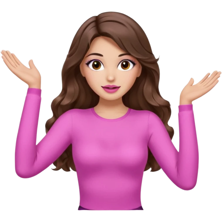 girl with long wavy brown hair, brown eyes, long lashes makeup, sexy pink lips, light to medium complexion, wearing a pink sexy top, both hands in the air high emoji