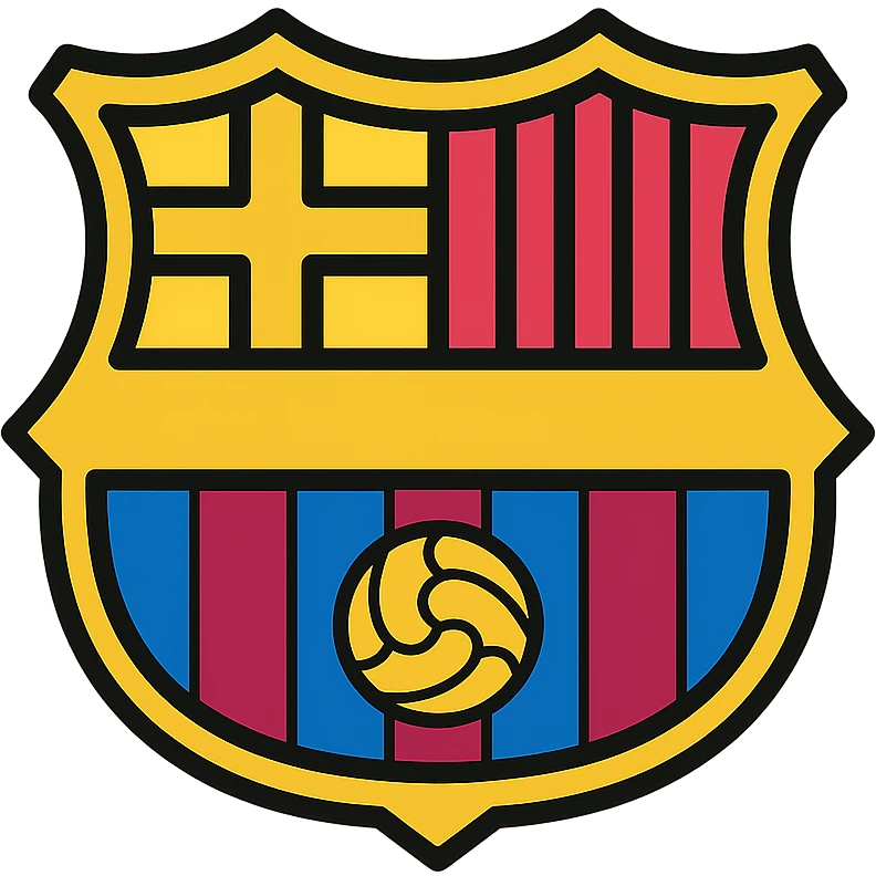 minimalist icon representing FC Barcelone with club's signature colors blue, garnet, yellow, abstracted shield shape, and football element emoji