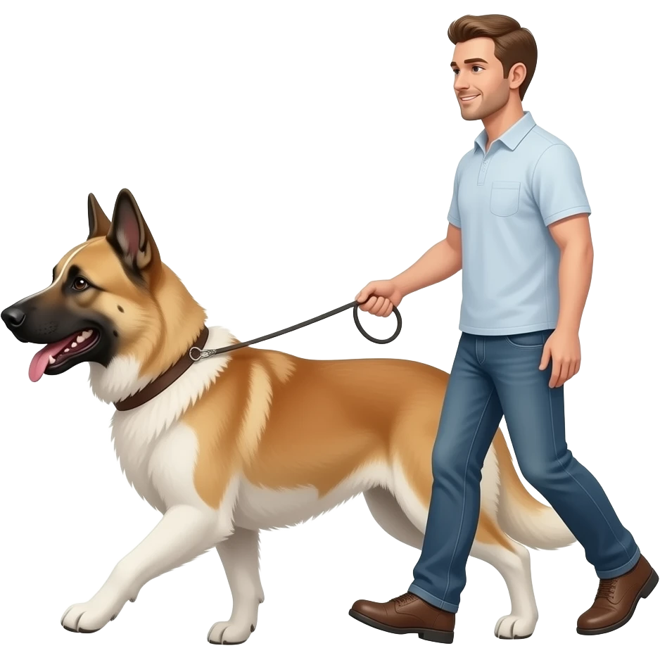 Man walking shepski dog on a leash emoji