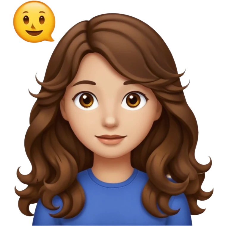 chica con el pelo castaño, largo, ondas suaves, ojos marrón oscuro, estilo emoji de iPhone emoji