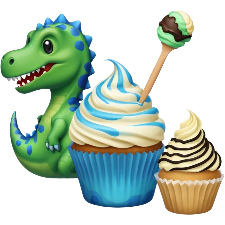 A cupcake having blue and black icing and a dinosaur as a decoration and ice cream next to it emoji