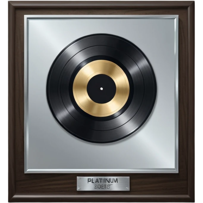 A platinum music award plaque: a square, polished platinum plate with a subtly textured, mirror-like finish, mounted on a simple dark wood base. The center features a relief of a or stylized vinyl record in a slightly darker metallic tone.  emoji