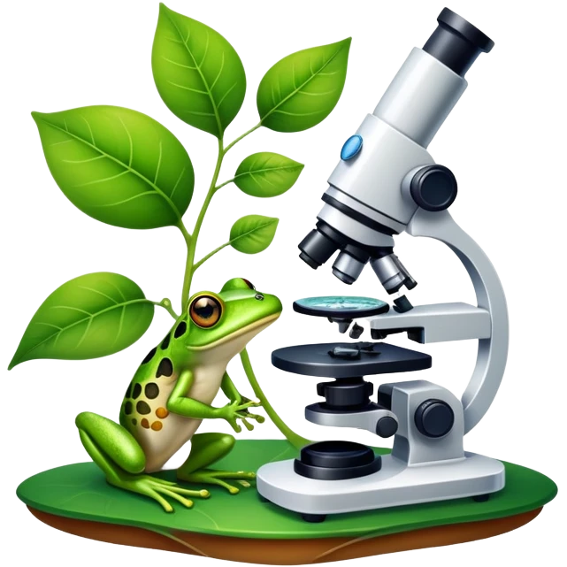 An icon featuring a DNA strand, a microscope, and a green leaf, symbolizing biology. The design includes animal cells, plant structures, and a frog, representing the study of living organisms and ecosystems. Transparent background highlights life sciences and biological research. emoji