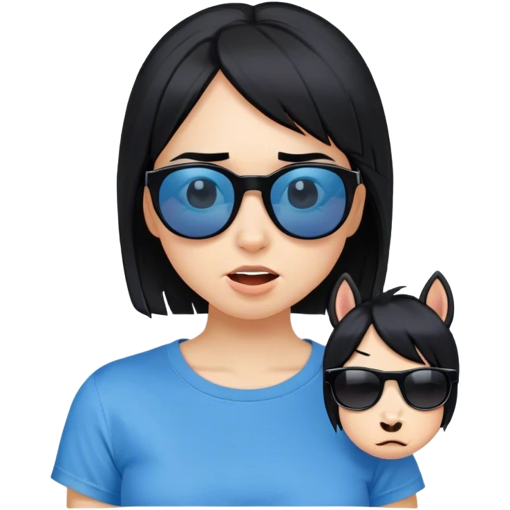 A girl with black bob hair with pony, wearing black sunglasses，funny(0.5) face (0.5)，wacky expression, a blue t-shirt. emoji