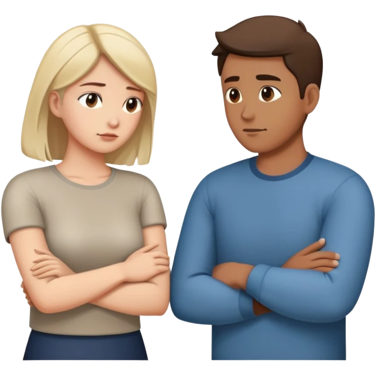 couple resolving conflict, one person with avoidant attachment style turning away with arms crossed, the other with secure attachment style offering a hand to talk emoji